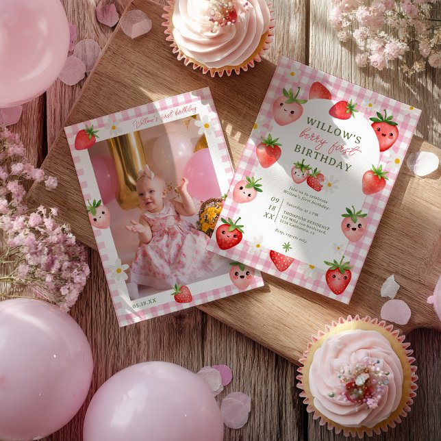 Pink Gingham Strawberry Berry Erster Geburtstag Einladung (Pink Gingham Strawberry Berry First Birthday Invitation)