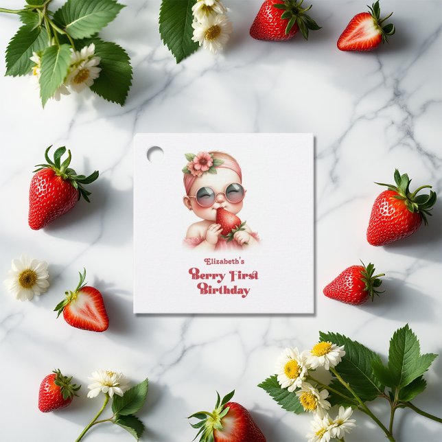 Pink Gingham & Strawberry Berry Erster Geburtstag Geschenkanhänger (Pink Gingham & Strawberry Berry First Birthday Favor Tags)