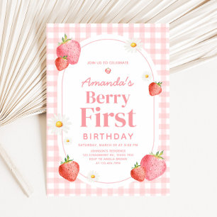 Pink Gingham Strawberry Berry First Birthday Party Einladung