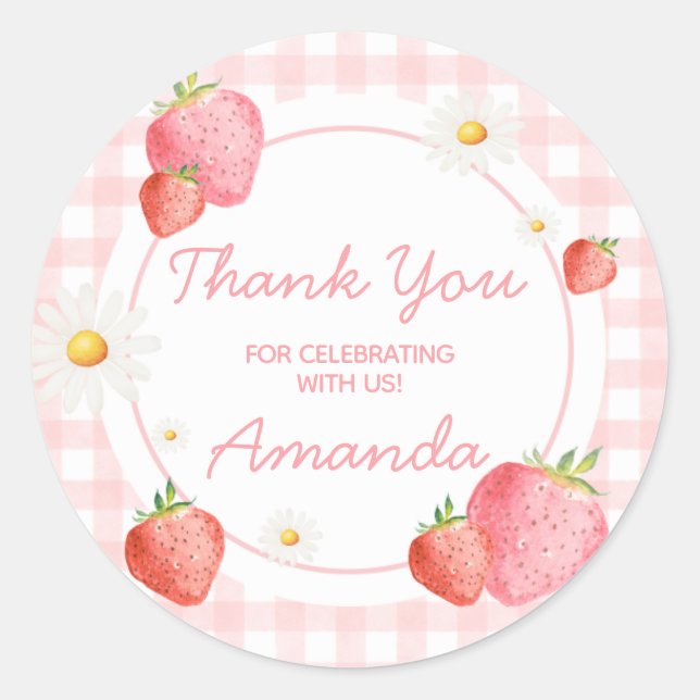 Pink Gingham Strawberry Berry First Birthday Party Runder Aufkleber (Vorderseite)