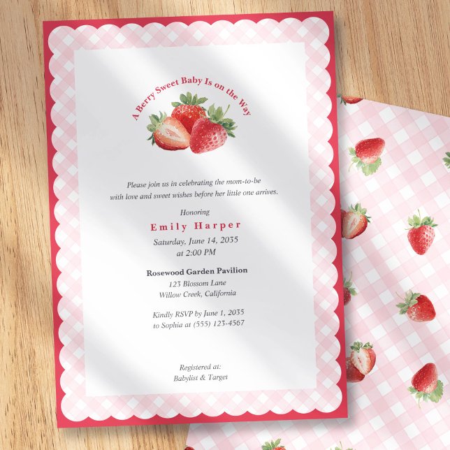Pink Gingham Strawberry Berry Sweet Baby Shower Einladung (Strawberry-Berry-Sweet Baby Girl Shower Invitation with pink elegant gingham for spring baby shower.)