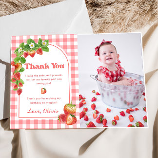 Pink Gingham Strawberry Birthday Dankeschön Karte