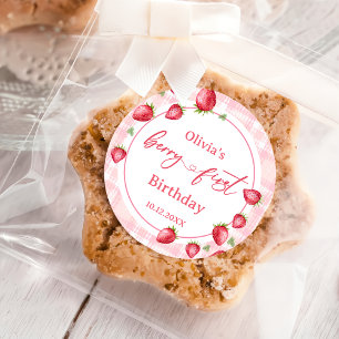 Pink Gingham Strawberry Birthday Runder Aufkleber