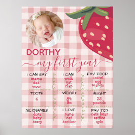 Pink Gingham Strawberry First Birthday Milestone  Poster