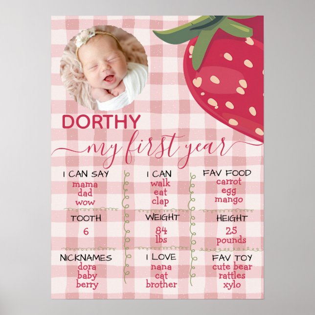 Pink Gingham Strawberry First Birthday Milestone  Poster (Vorne)