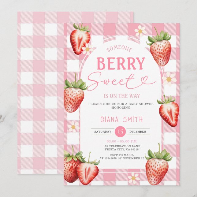 PINK Gingham Strawberry Sweet Baby Shower Einladung (Vorne/Hinten)