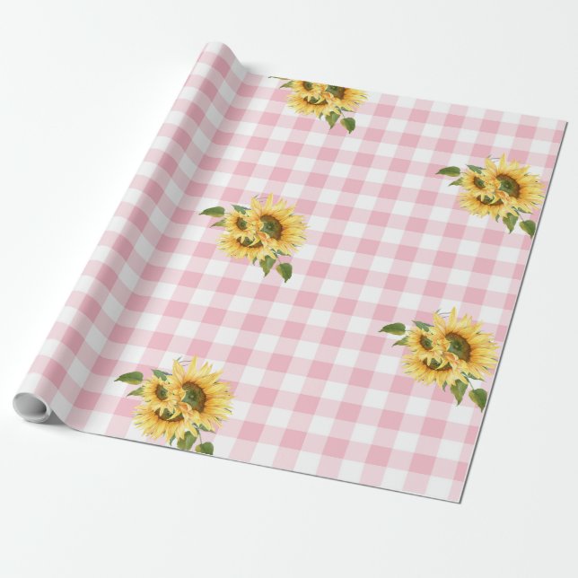 Pink Gingham Sunflower Baby Dusche Geschenkpapier (Ungerollt)