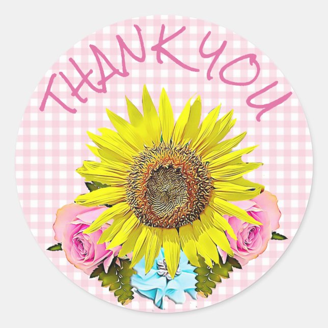 Pink Gingham Sunflower Danke Stickers (Vorderseite)