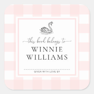 Pink Gingham Swan Buchzeichen Sticker