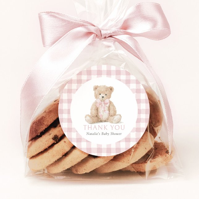 Pink Gingham Teddy Bear Baby Shower Runder Aufkleber (Von Creator hochgeladen)
