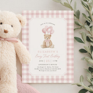 Pink Gingham Teddy Bear Beary First Birthday Einladung