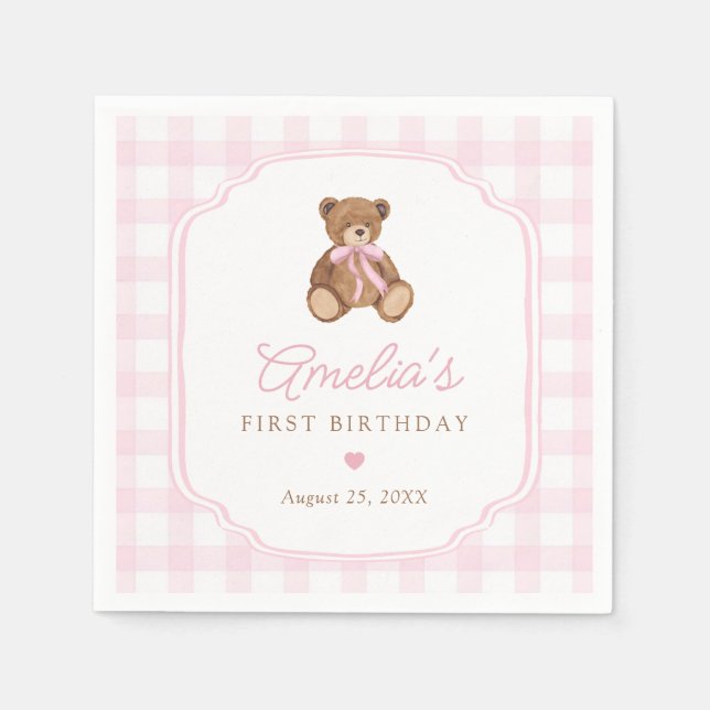 Pink Gingham Teddy Bear Beary First Birthday Serviette (Vorderseite)