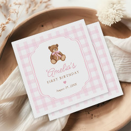 Pink Gingham Teddy Bear Beary First Birthday Serviette