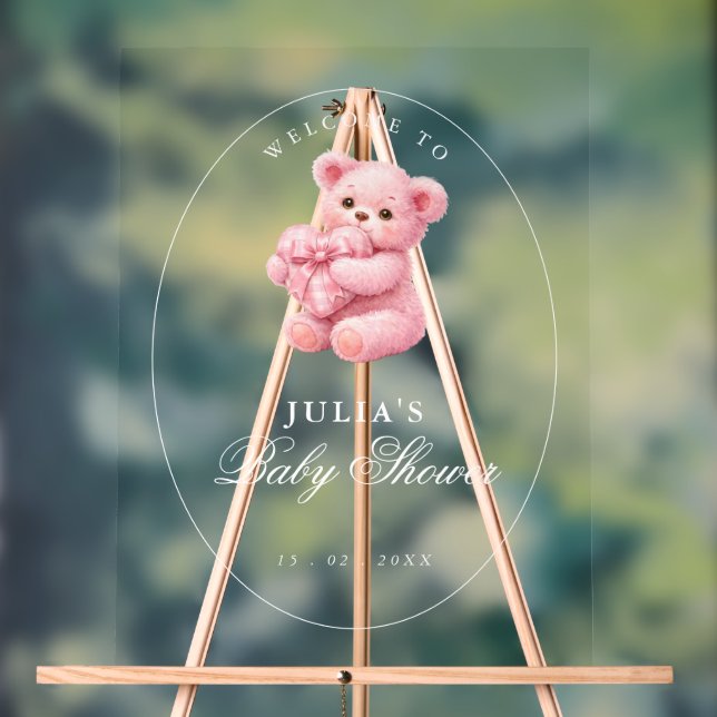 Pink Gingham Teddy Bear Neutral Baby Shower Acrylschild (Neutral)