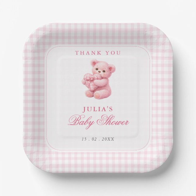 Pink Gingham Teddy Bear Neutral Baby Shower Pappteller (Vorderseite)