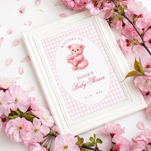 Pink Gingham Teddy Bear Neutral Baby Shower Poster (Von Creator hochgeladen)