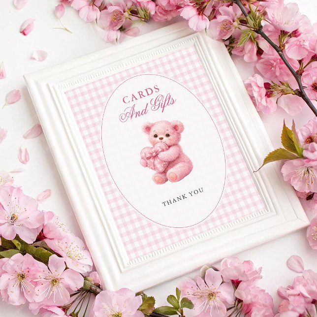Pink Gingham Teddy Bear Neutral Baby Shower Poster (Von Creator hochgeladen)