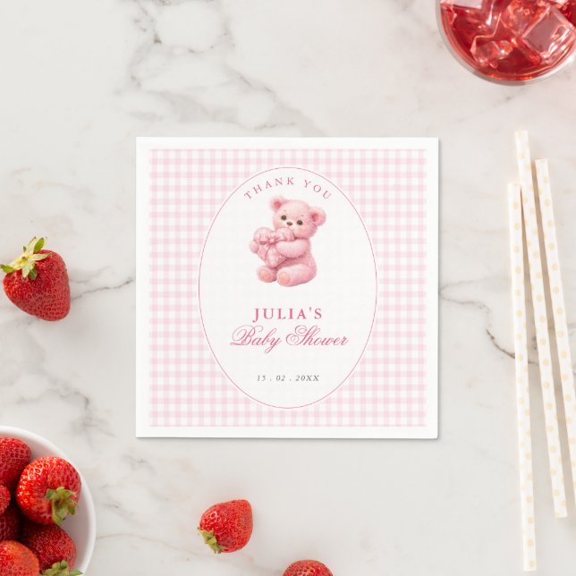Pink Gingham Teddy Bear Neutral Baby Shower Serviette (Beispiel)