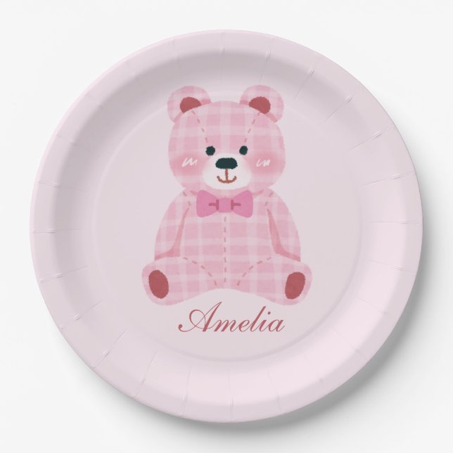 Pink Gingham Teddy Pappteller (Vorderseite)