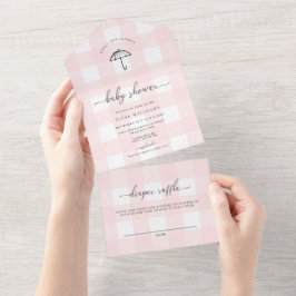 Pink Gingham Umbrella Baby Dusche All In One Einladung