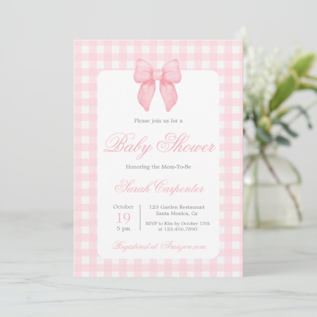 Pink Gingham und Bow Baby Shower Girl Einladung (Stehend Vorderseite)