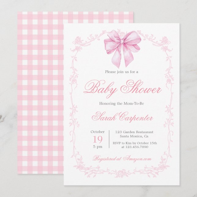 Pink Gingham und Bow Baby Shower Girl Einladung (Vorne/Hinten)