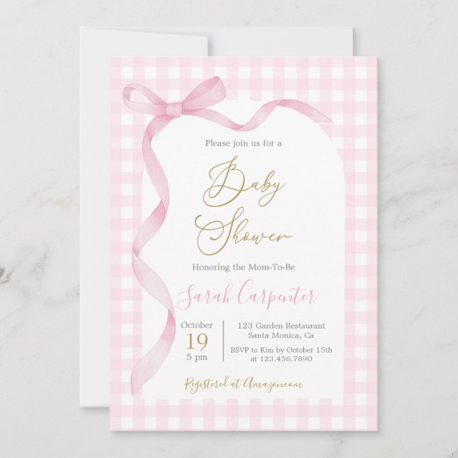 Pink Gingham und Bow Baby Shower Girl Einladung (Vorderseite)