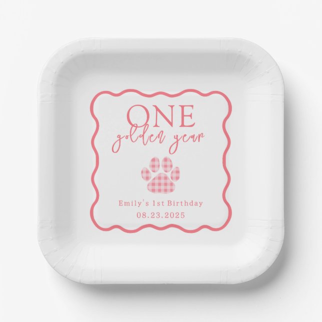 Pink Gingham Whimsical Ein goldenes Jahr Geburtsta Pappteller (Vorderseite)