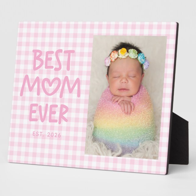 Pink Gingham Whimsical Heart Best Mom Ever Fotoplatte (Seite)