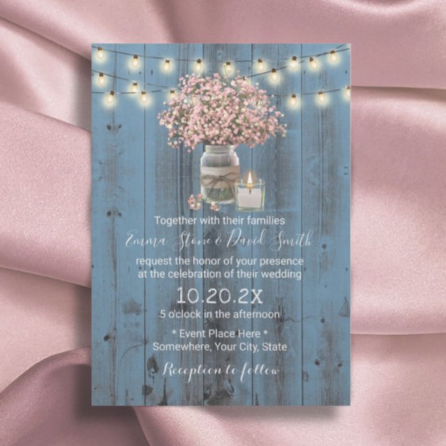 Pink Gipskraut Jar Dusty Blue Rustic Wedding Einladung (Von Creator hochgeladen)