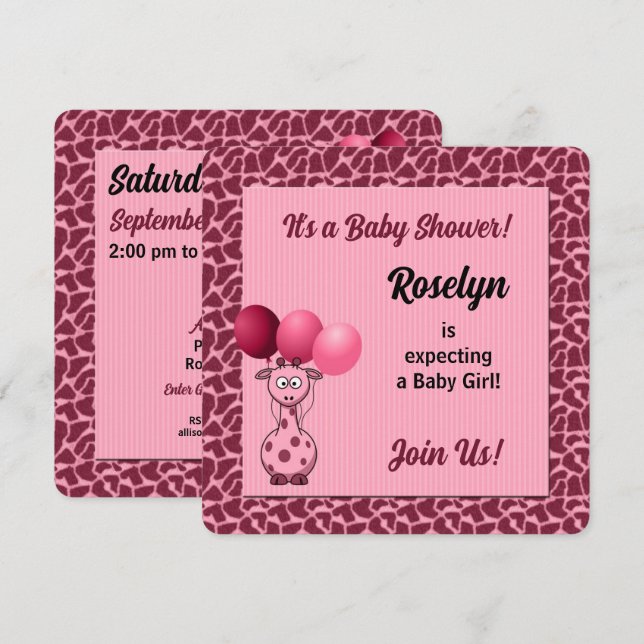 Pink Giraffe Animal Print Baby Dusche Einladung (Vorne/Hinten)