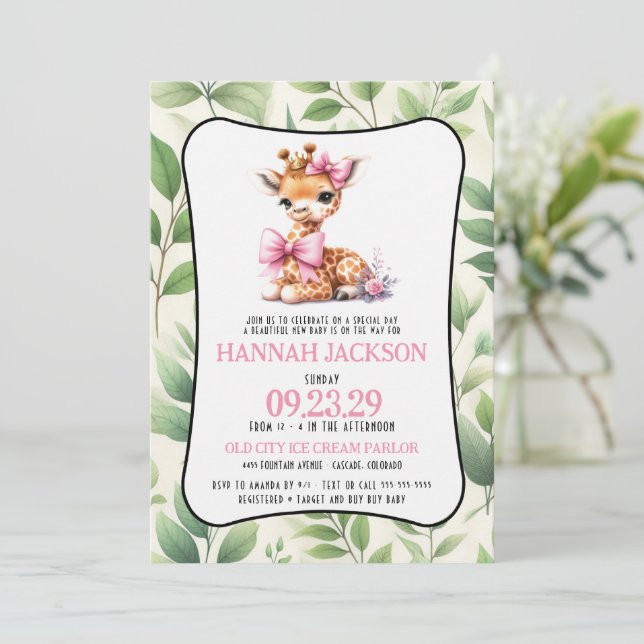 Pink Giraffe Babydusche Einladung (Stehend Vorderseite)