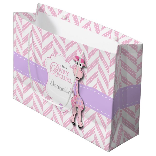 Pink Giraffe Babydusche Große Geschenktüte (Vorderseite Schrägansicht)
