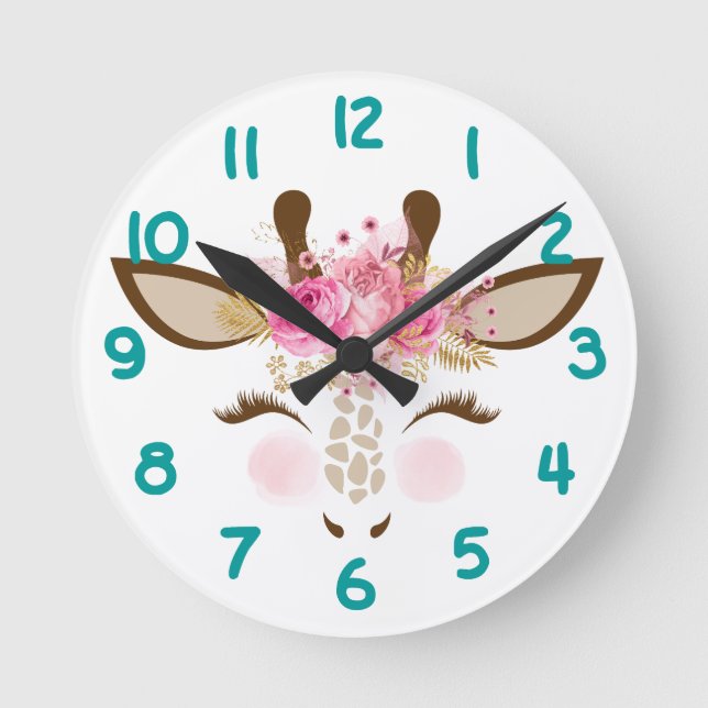 Pink Giraffe Face Number Kids Runde Wanduhr (Vorderseite)