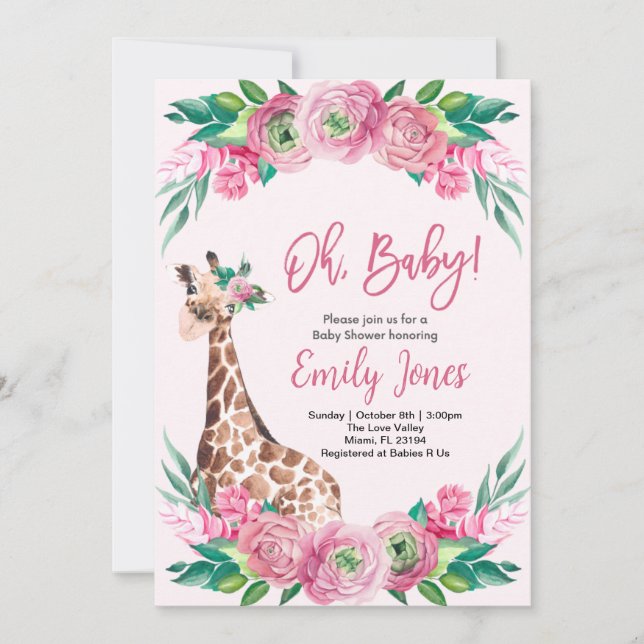 Pink Giraffe Floral Baby Shower Einladung (Vorderseite)