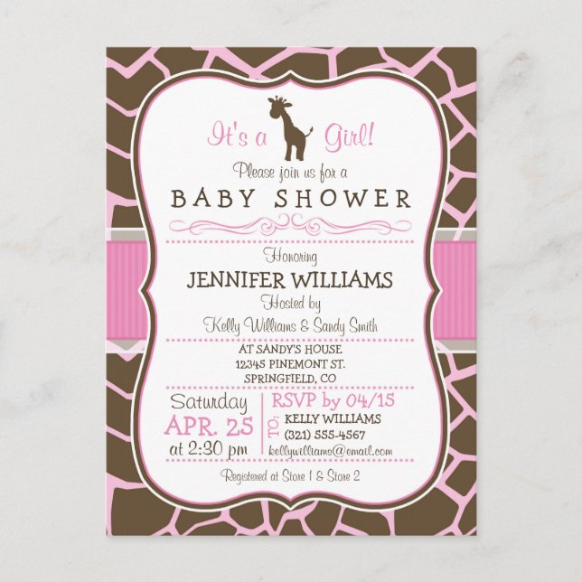 Pink Giraffe Girl Baby Dusche Postkarte Einladung (Vorderseite)