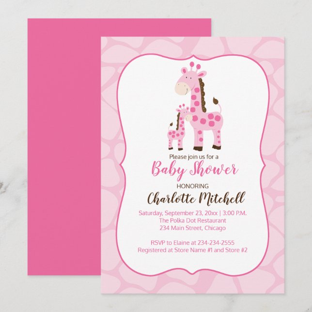 Pink Giraffe Girl Dusche Einladung (Vorne/Hinten)