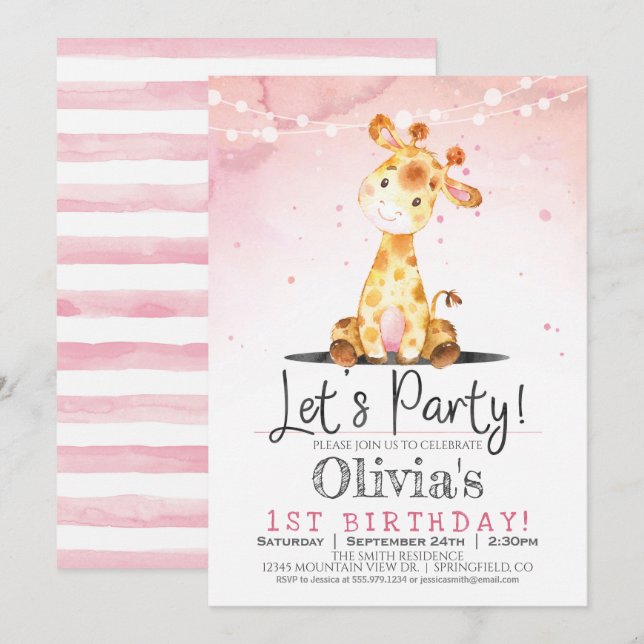 Pink Giraffe Girl Geburtstagsparty Einladung (Vorne/Hinten)