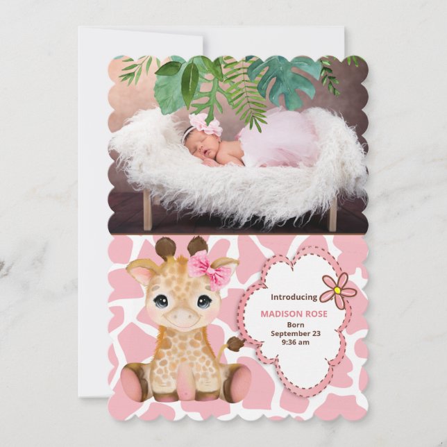 Pink Giraffe Jungle Theme Baby Ankündigung (Vorderseite)