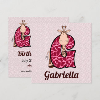 Pink Giraffe Letter G Birthday Party Einladung