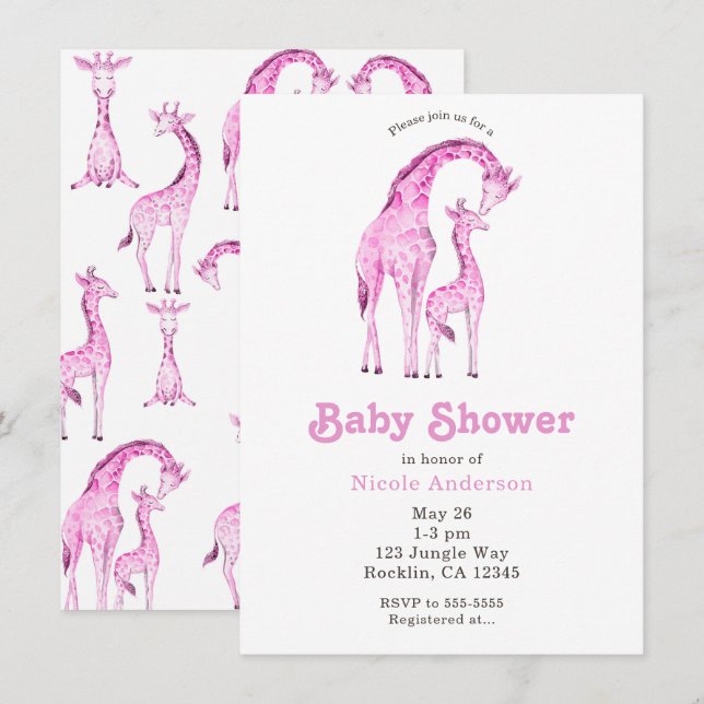 Pink Giraffen Whimsical Baby Dusche Einladung (Vorne/Hinten)