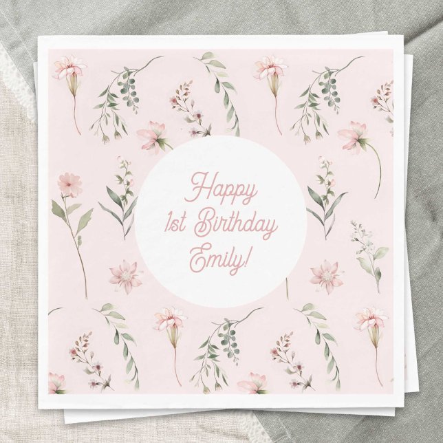 Pink Girl 1. Geburtstag Wildblume und Grün Serviette (Watercolor Wildflower, Pink baby Girl 1st BIrthday paper napkins.)