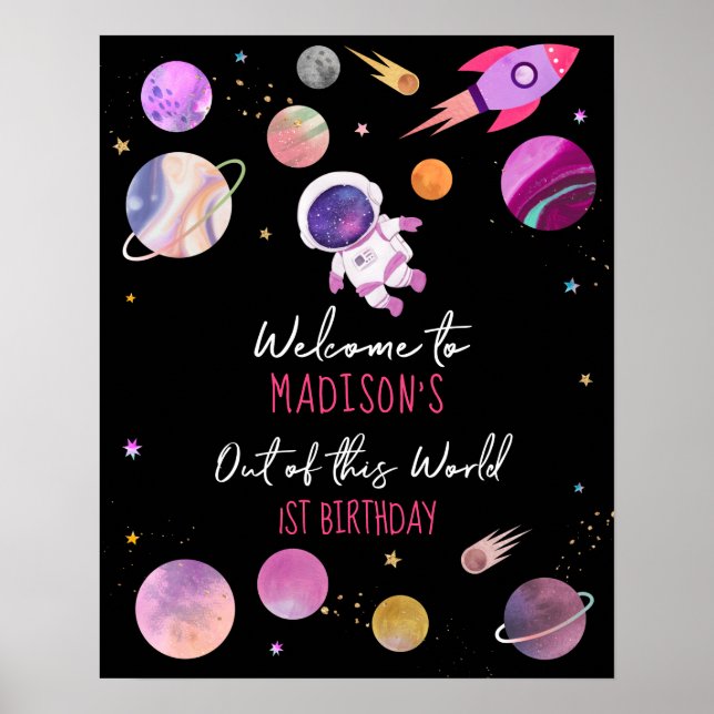  Pink Girl Astronaut Outer Space Birthday Welcome Poster (Vorne)
