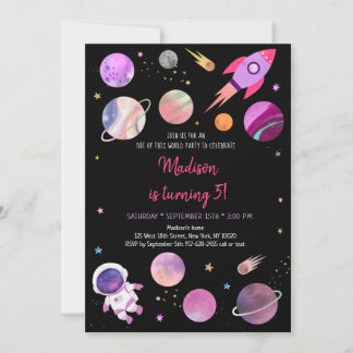 Pink Girl Astronaut Weltraum Geburtstag Einladung