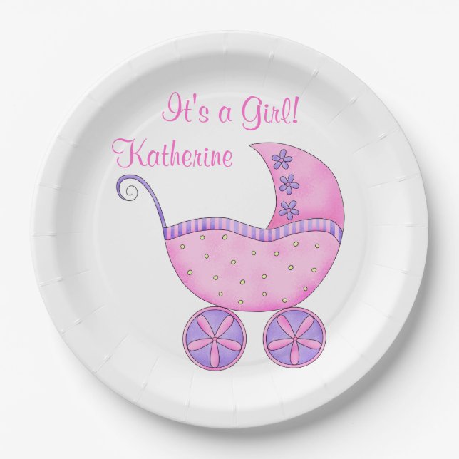 Pink Girl Baby Buggy Ein Mädchenname Personalisier Pappteller (Vorderseite)