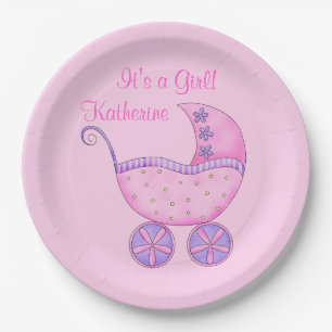 Pink Girl Baby Buggy Ein Mädchenname Personalisier Pappteller
