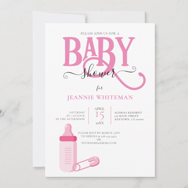 PINK GIRL BABY DUSCHE MIT BABYFLASCHE EINLADUNG (Vorderseite)