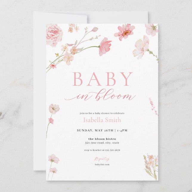 Pink Girl Baby in Bloom Baby Dusche Einladung (Vorderseite)