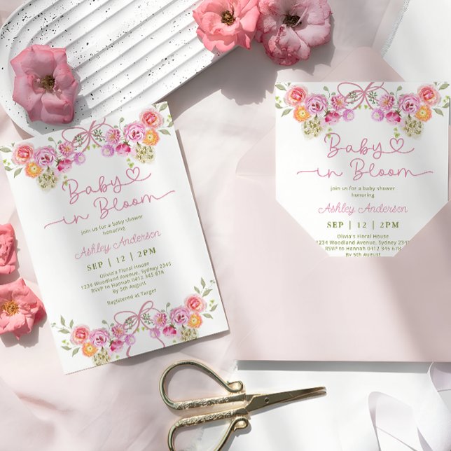 Pink Girl Baby in Bloom Bow Babydusche Einladung (Von Creator hochgeladen)