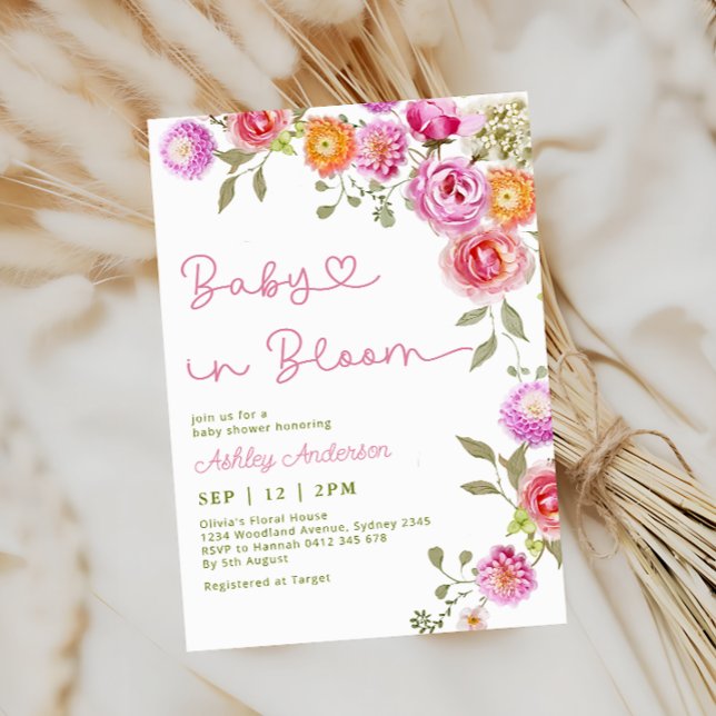 Pink Girl Baby in Bloom Elegante Babydusche Einladung (Von Creator hochgeladen)